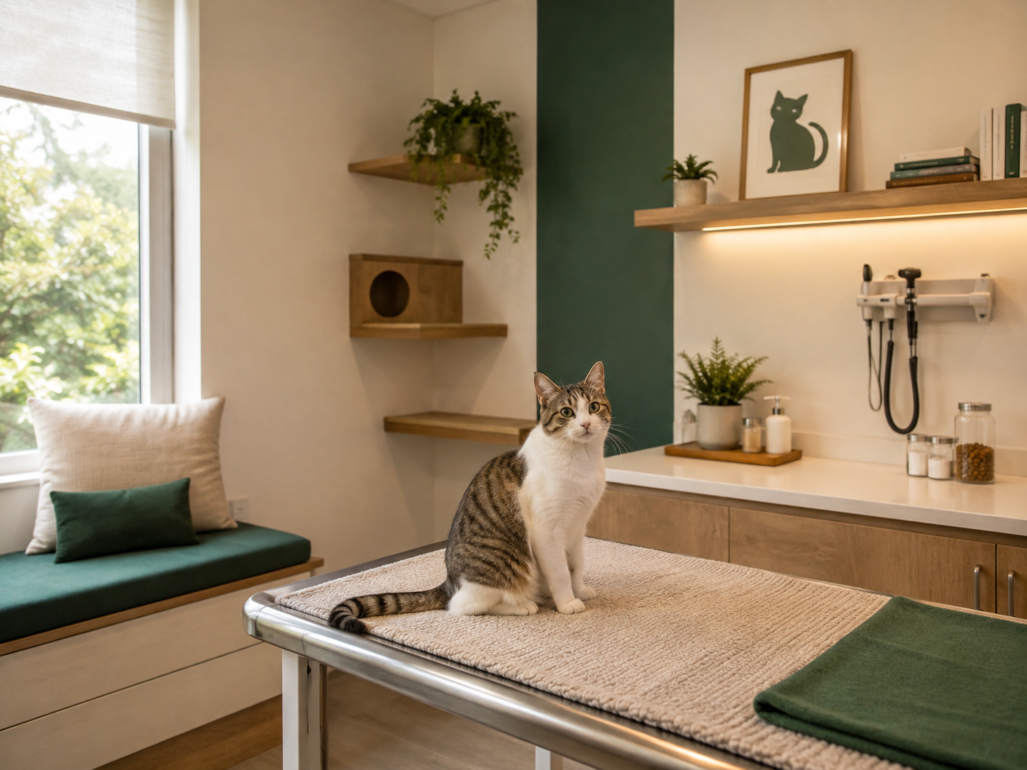Gato tranquilo em uma sala de atendimento da Clínica Veterinária Clara Cauda