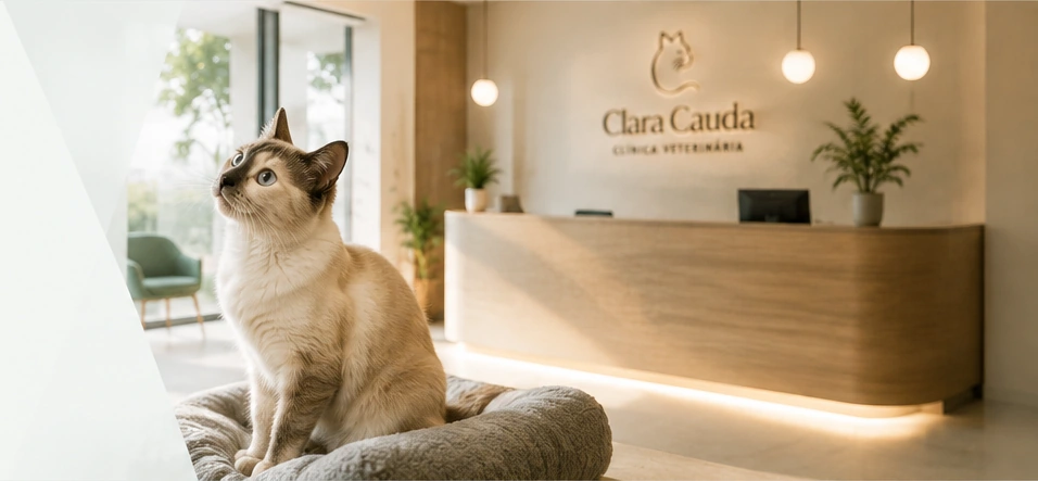 Gato tranquilo na recepção da Clínica Veterinária Clara Cauda