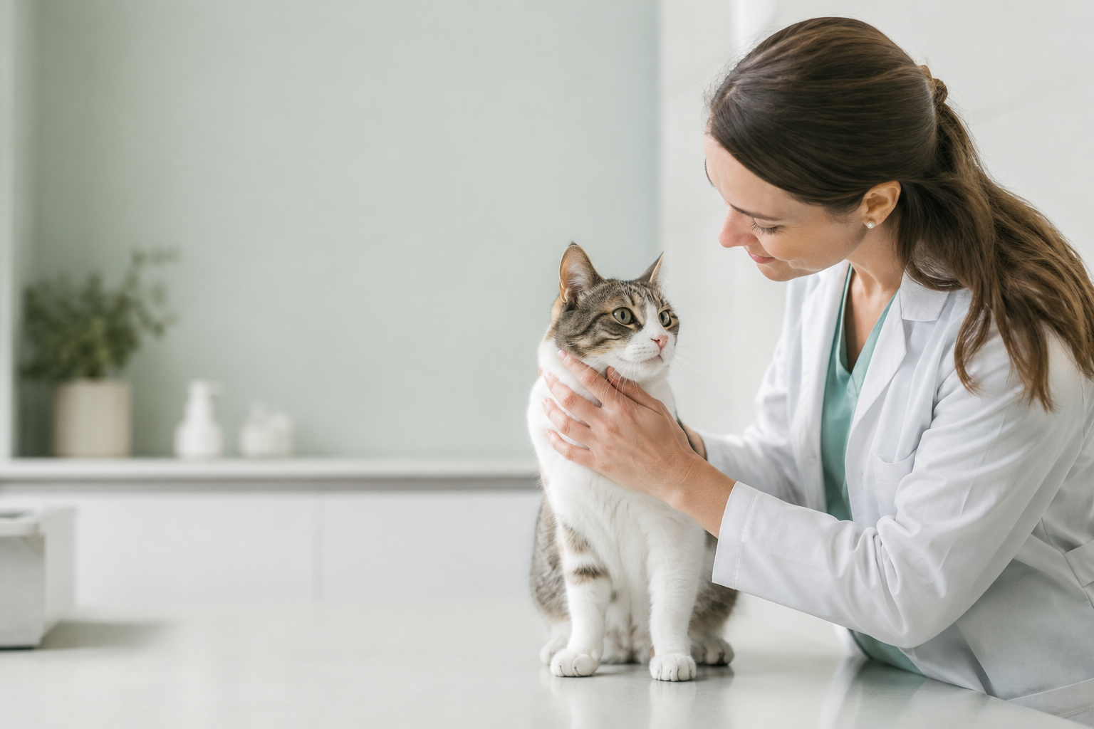Gato em consulta veterinária para acompanhamento de saúde felina.