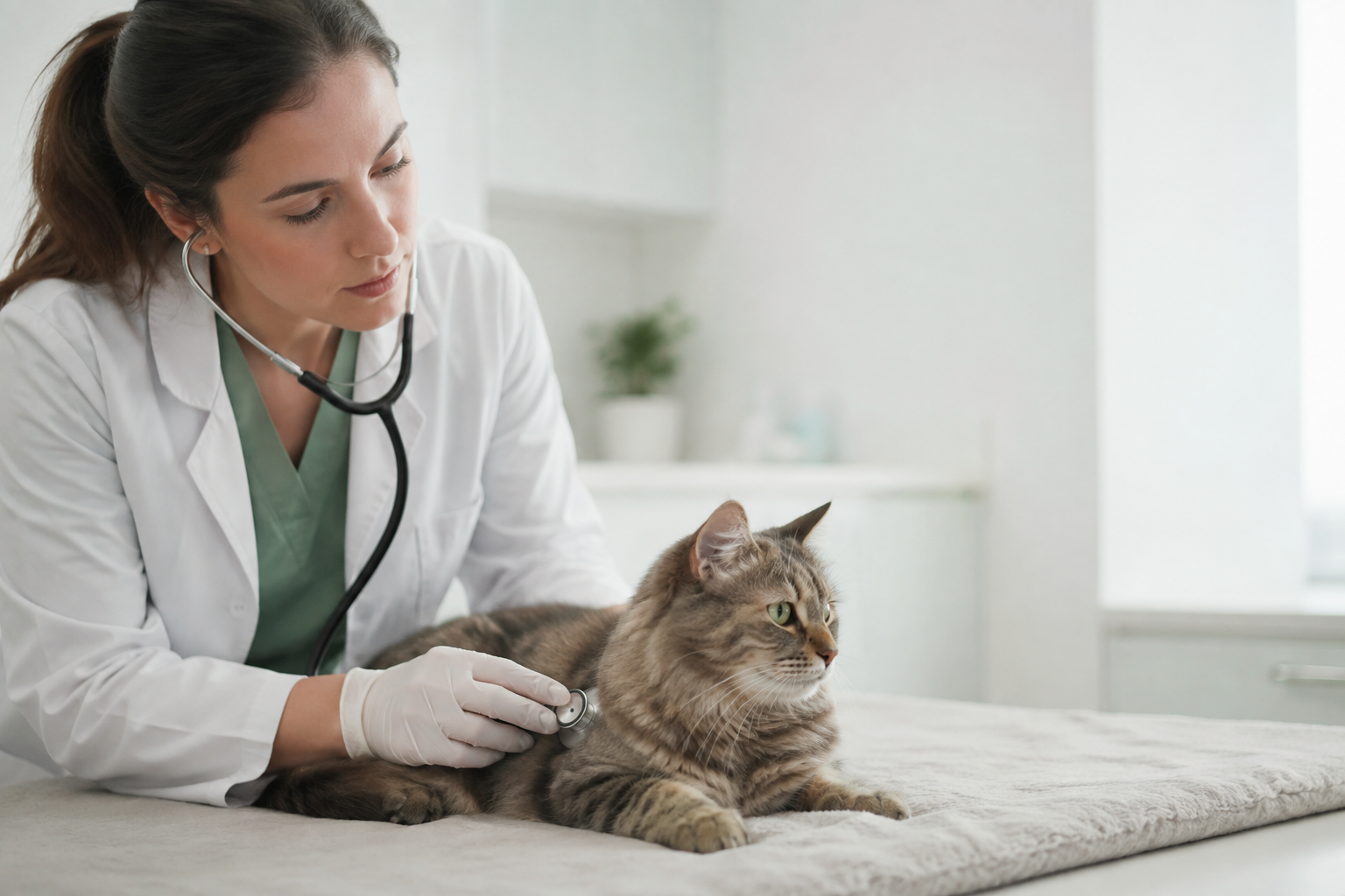 Gato sendo examinado por veterinária em ambiente clínico claro.