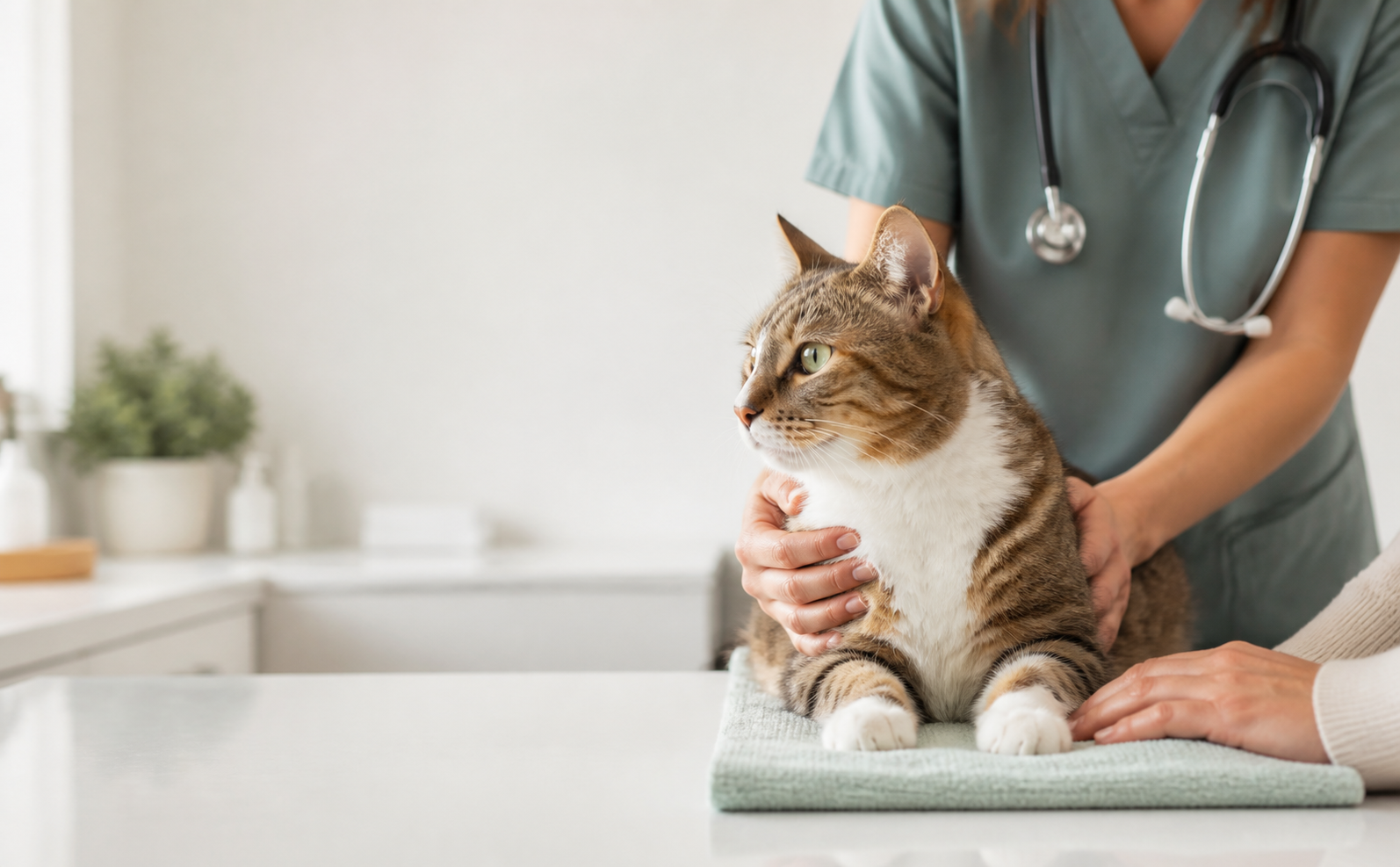 Gato tranquilo em atendimento veterinário em uma sala clara.