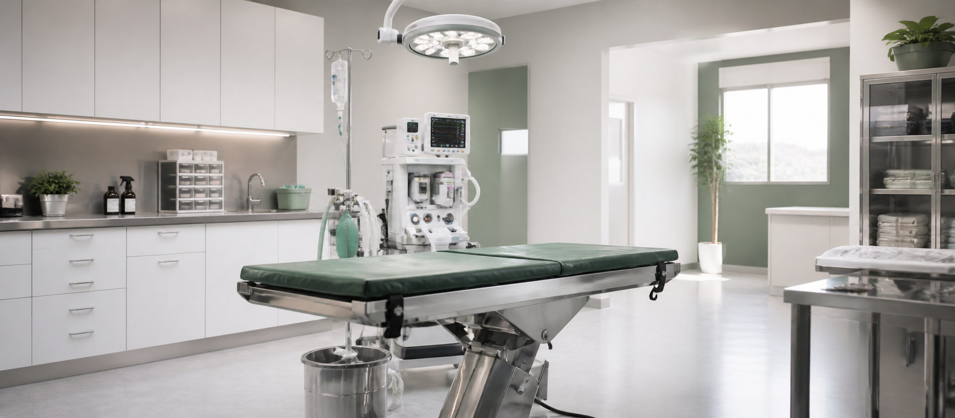 Centro cirúrgico veterinário limpo e organizado, com mesa cirúrgica e equipamentos de monitoramento