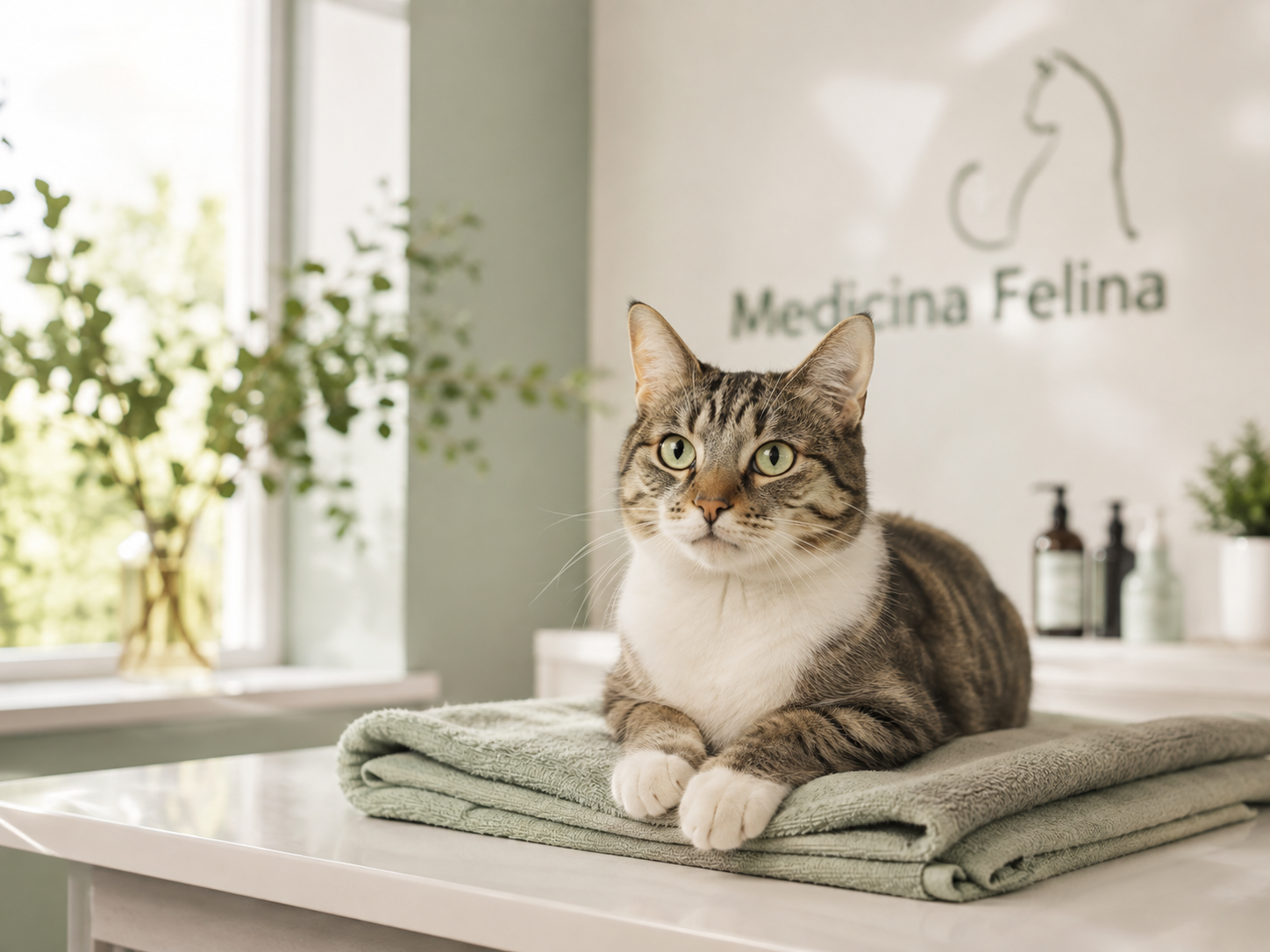 Gato em ambiente clínico calmo durante atendimento veterinário.