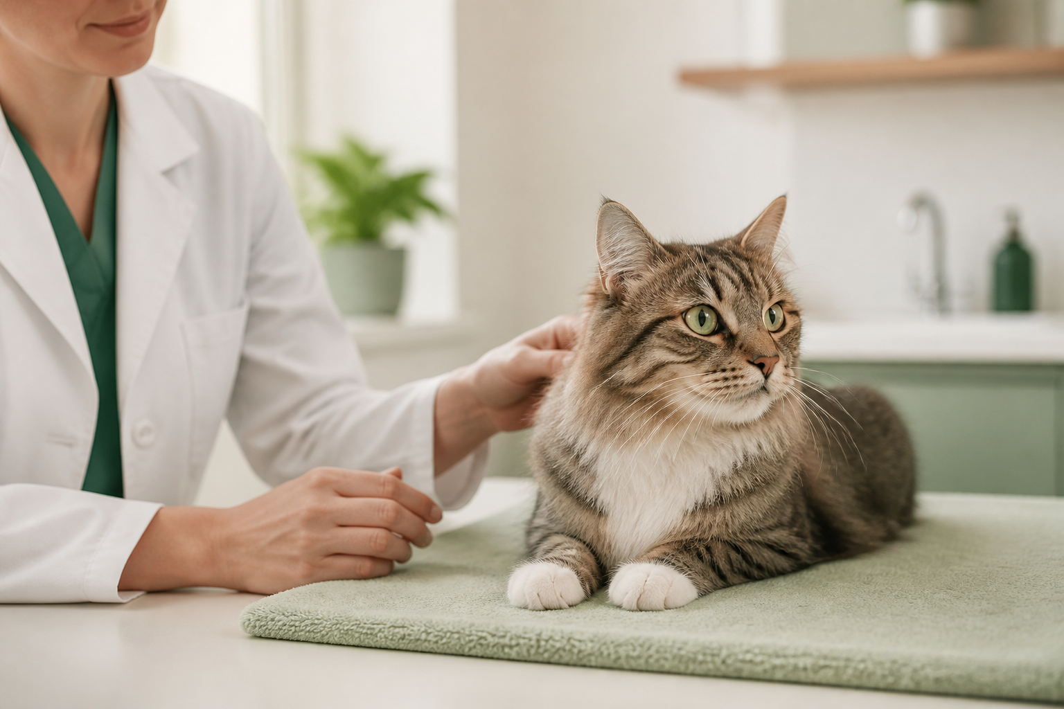 Gato tranquilo em ambiente clínico claro preparado para atendimento felino